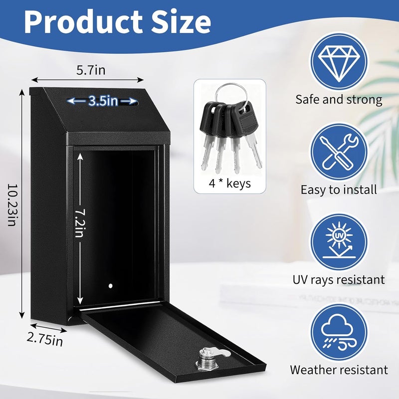 Hualleko Cash Money Box with Slot – 10.2In Metal Donation Box with Lock for Cash Deposit,Wall Mounted Money Drop with Lock and Slot for Home/Farm/Office/Outdoors (Black-Without Words) - Image 3